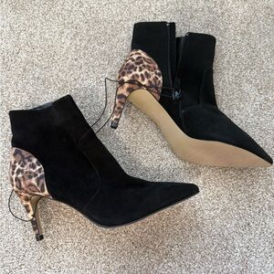 Elegant Black Leather and Leopard Heeled Ankle Boots
